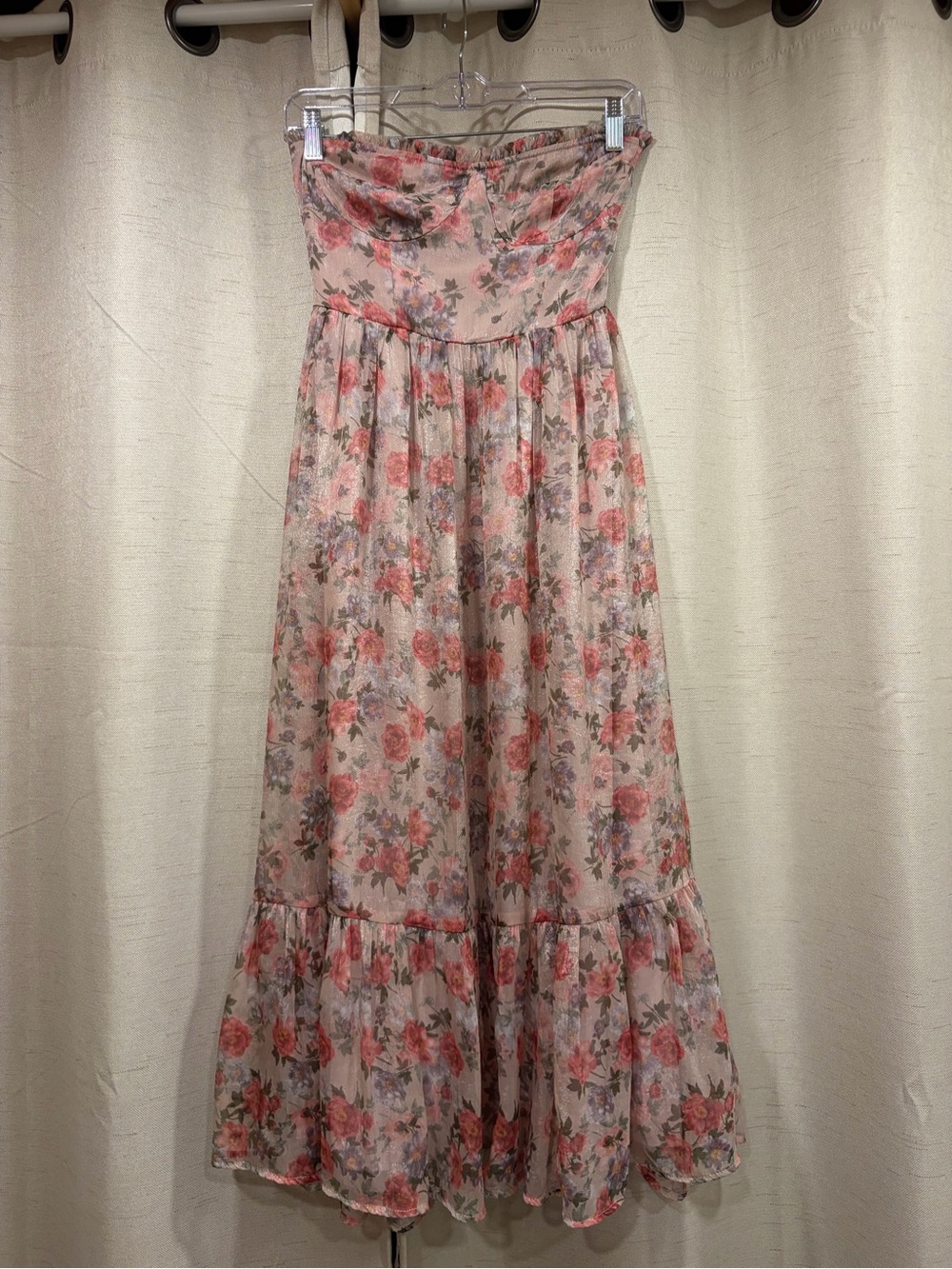 STORIA Strapless Floral Midi Dress in Blush Pink
